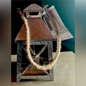 Large Galvanized Metal Glass Lantern Rope Handle Rustic Farmhouse Decor